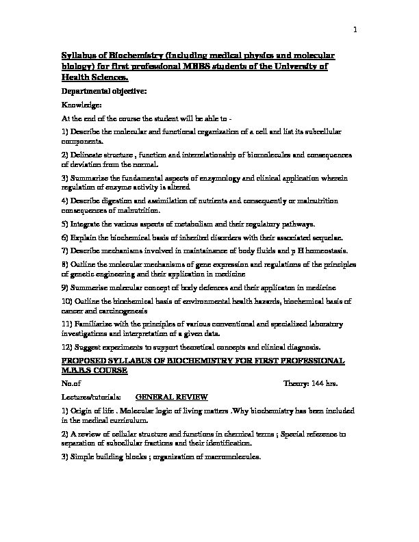 [PDF] Syllabus of Biochemistry (including medical physics and molecular