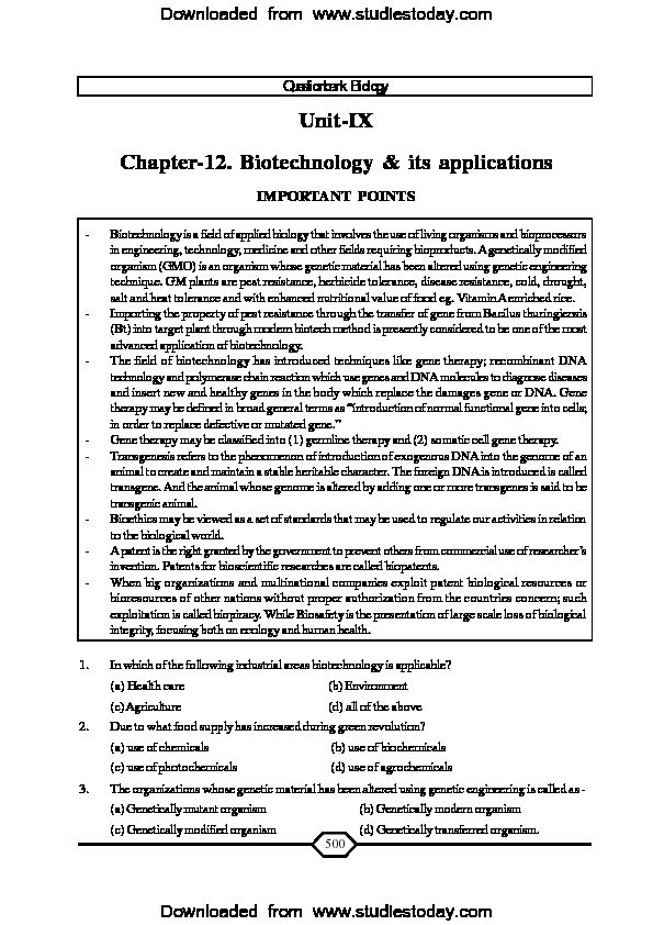 [PDF] NEET UG Biology Biotechnology _ its applications - Studiestoday