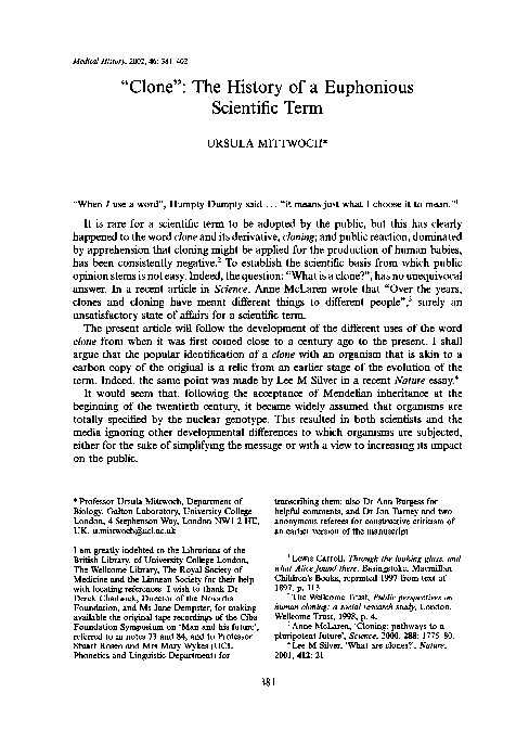 [PDF] Clone: The History of a Euphonious Scientific Term - NCBI