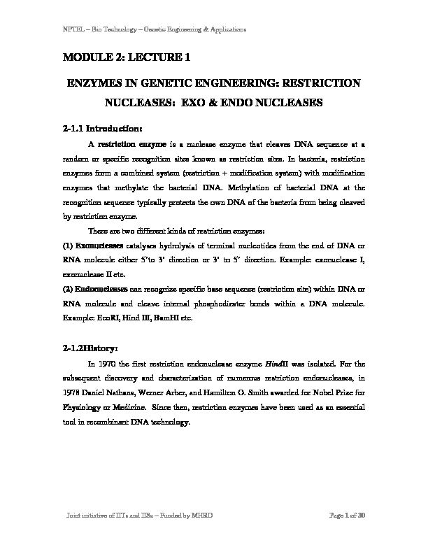 [PDF] MODULE 2: LECTURE 1 ENZYMES IN GENETIC ENGINEERING
