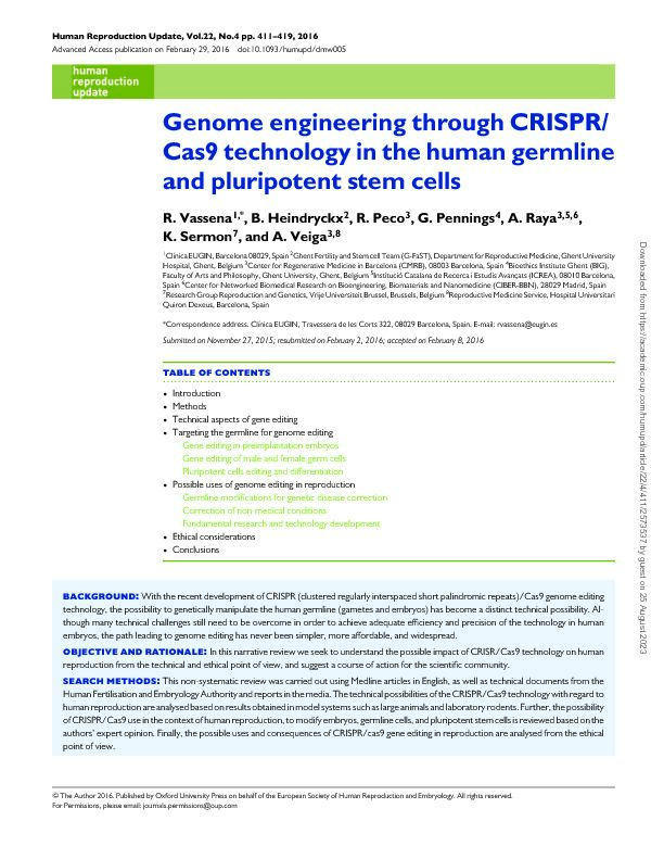 Cas9 technology in the human germline and pluripotent stem cells