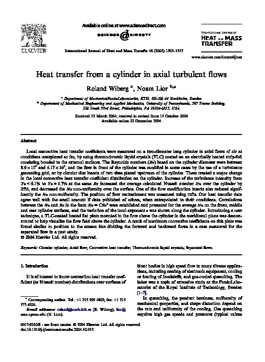 [PDF] Heat transfer from a cylinder in axial turbulent flows