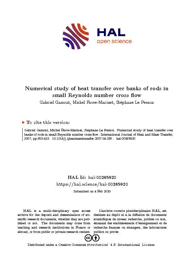 [PDF] Numerical study of heat transfer over banks of rods in small
