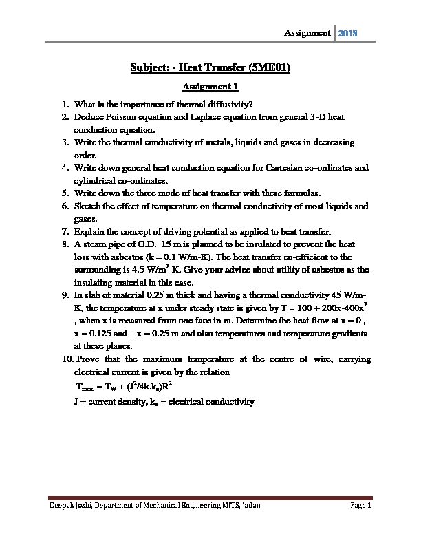 [PDF] Subject: - Heat Transfer (5ME01)