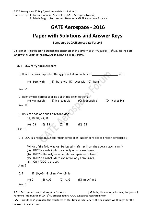 [PDF] GATE Aerospace - 2016 Paper with Solutions and Answer Keys