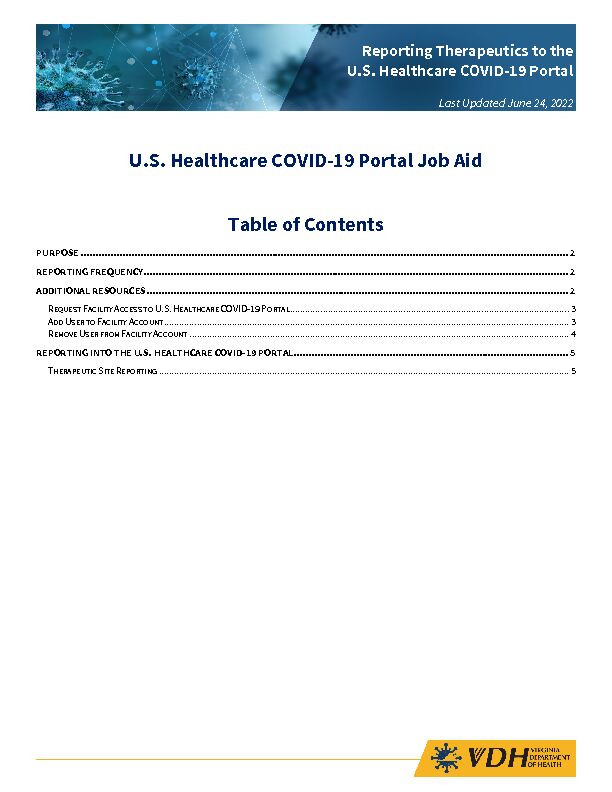US Healthcare COVID-19 Portal Job Aid Table of Contents