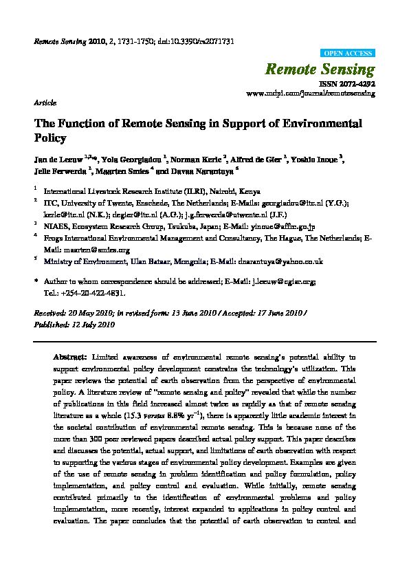 [PDF] The Function of Remote Sensing in Support of Environmental Policy