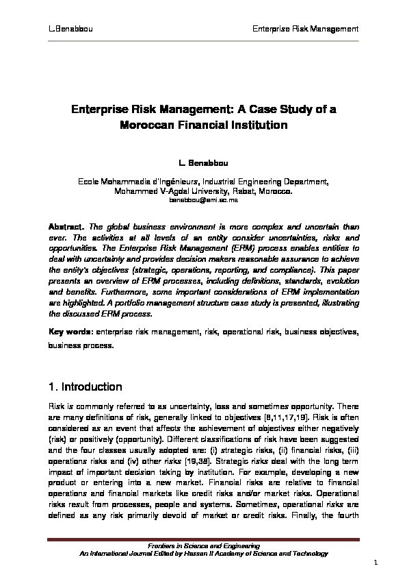 Enterprise Risk Management: A Case Study of a Moroccan Financial