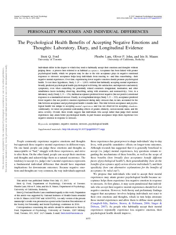 [PDF] The Psychological Health Benefits of Accepting Negative Emotions
