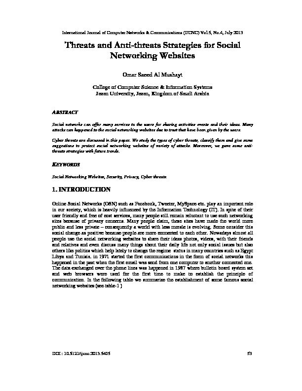 [PDF] Threats and Anti-threats Strategies for Social Networking Websites