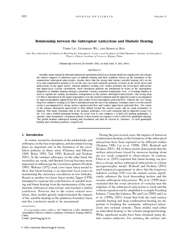 [PDF] Relationship between the Subtropical Anticyclone and Diabatic