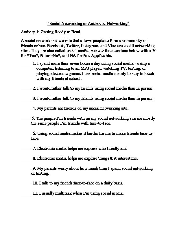 [PDF] “Social Networking or Antisocial Networking” Activity 1