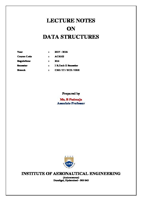 LECTURE NOTES ON DATA STRUCTURES