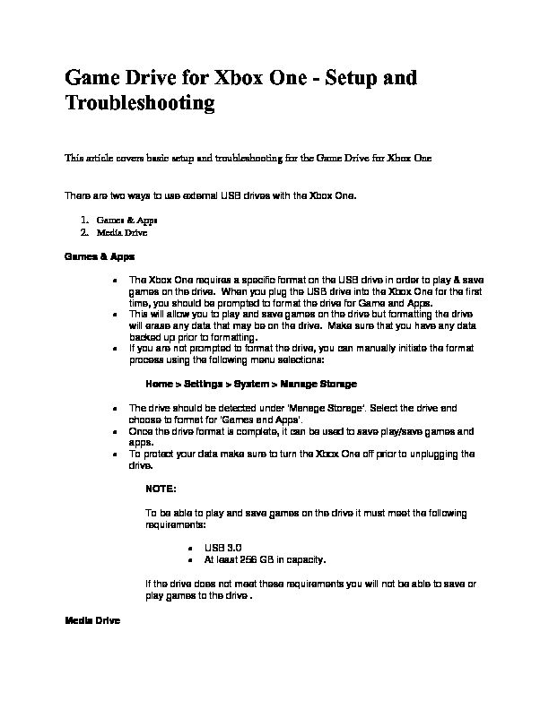 [PDF] Game Drive for Xbox One - Setup and Troubleshooting