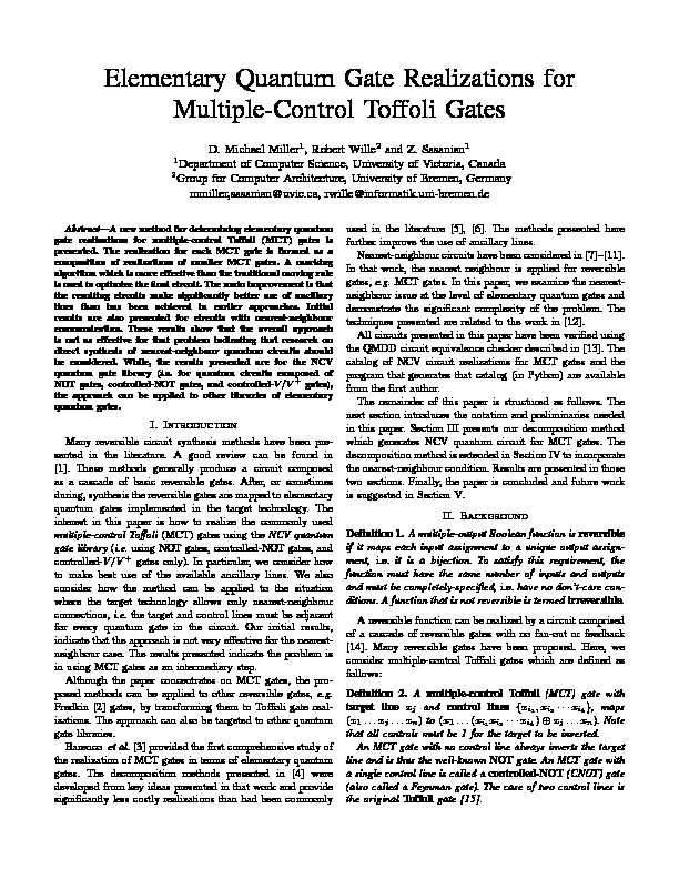 [PDF] Elementary Quantum Gate Realizations for Multiple-Control Toffoli