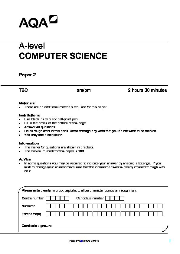 [PDF] A-level Computer Science Specimen question paper Paper 2