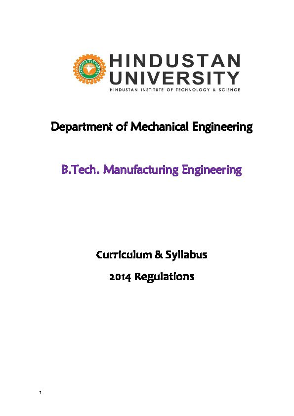 Department of Mechanical Engineering BTech Manufacturing