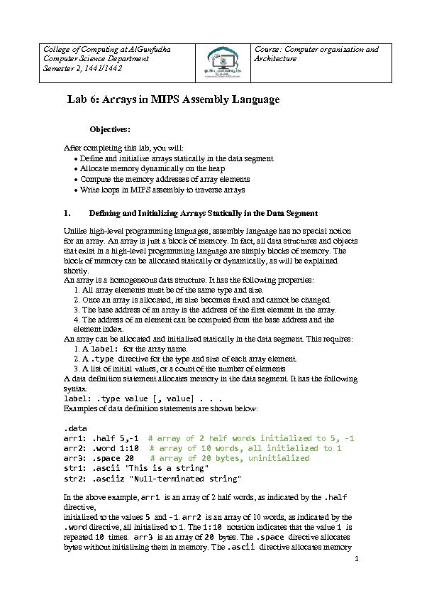 [PDF] Lab 6: Arrays in MIPS Assembly Language