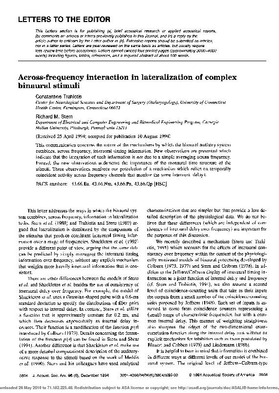 [PDF] Across-Frequency Interaction in Lateralization of Complex Binaural