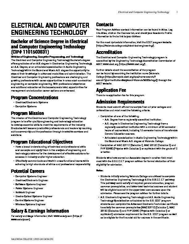 [PDF] Electrical and Computer Engineering Technology - Valencia College