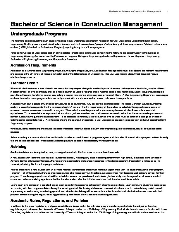 [PDF] Bachelor of Science in Construction Management  UTA Catalog
