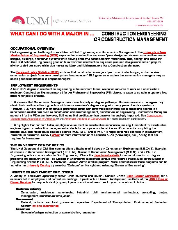 [PDF] CONSTRUCTION ENGINEERING OR  - UNM Career Services