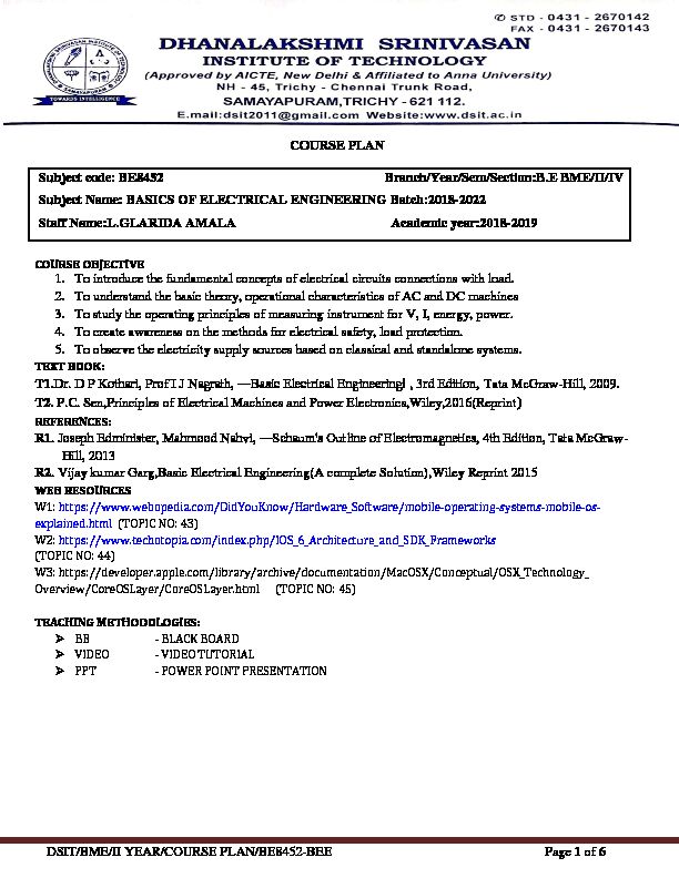 [PDF] DSIT/BME/II YEAR/COURSE PLAN/BE8452-BEE Page 1 of 6