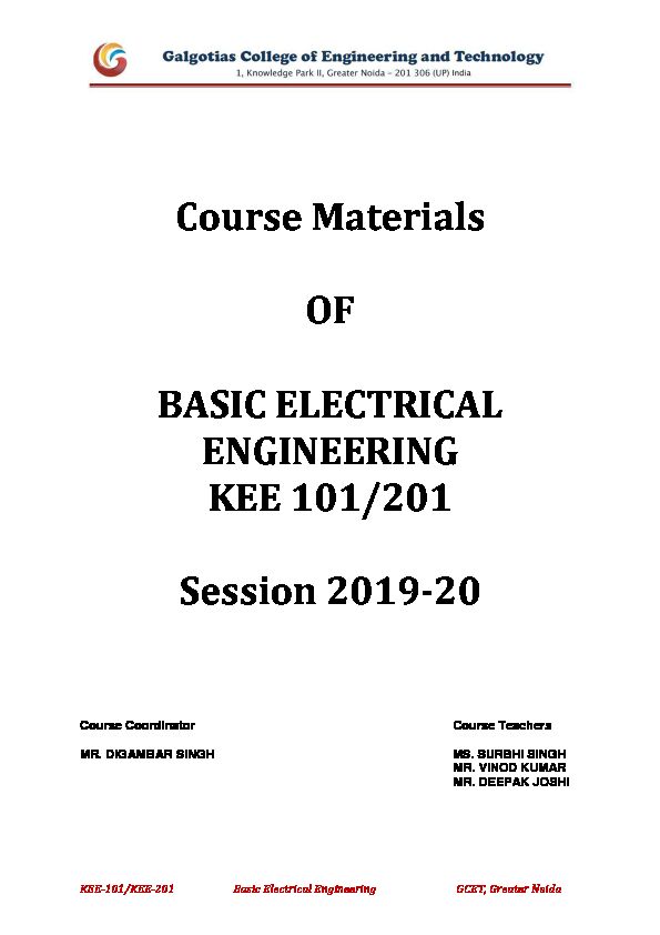 [PDF] Course Materials OF BASIC ELECTRICAL ENGINEERING KEE 101