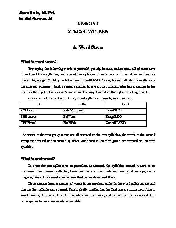 [PDF] LESSON 4 STRESS PATTERN A Word Stress Jamilah, MPd