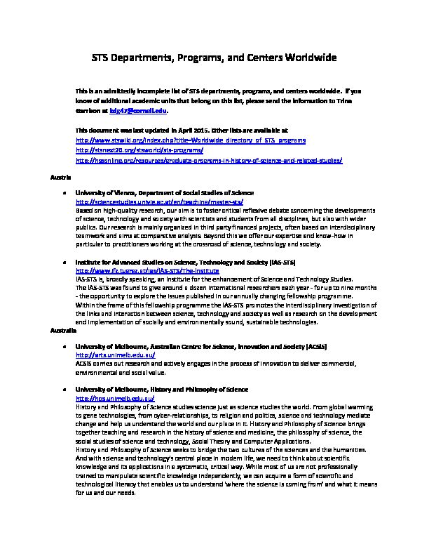 [PDF] STS Departments, Programs, and Centers Worldwide