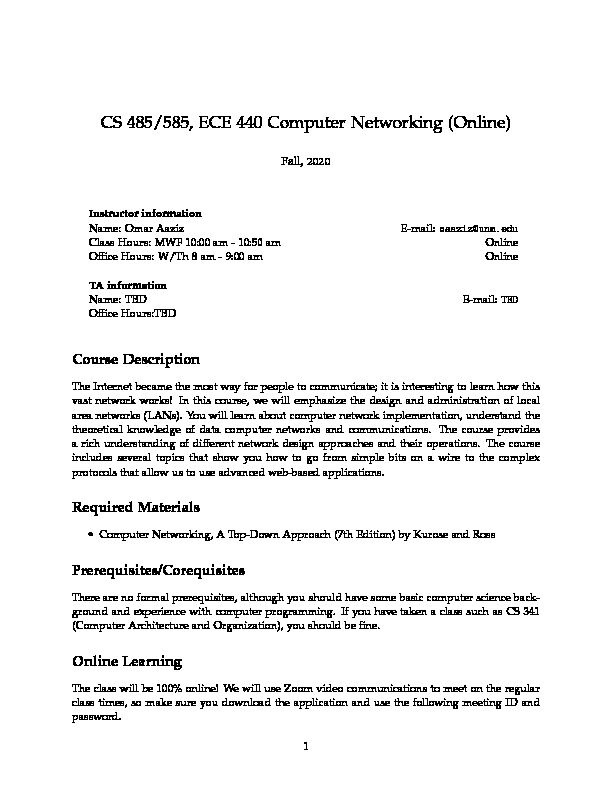 [PDF] CS 485/585, ECE 440 Computer Networking (Online) - CS UNM