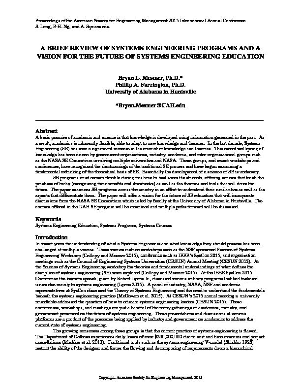 [PDF] a brief review of systems engineering programs and a vision  - NASA
