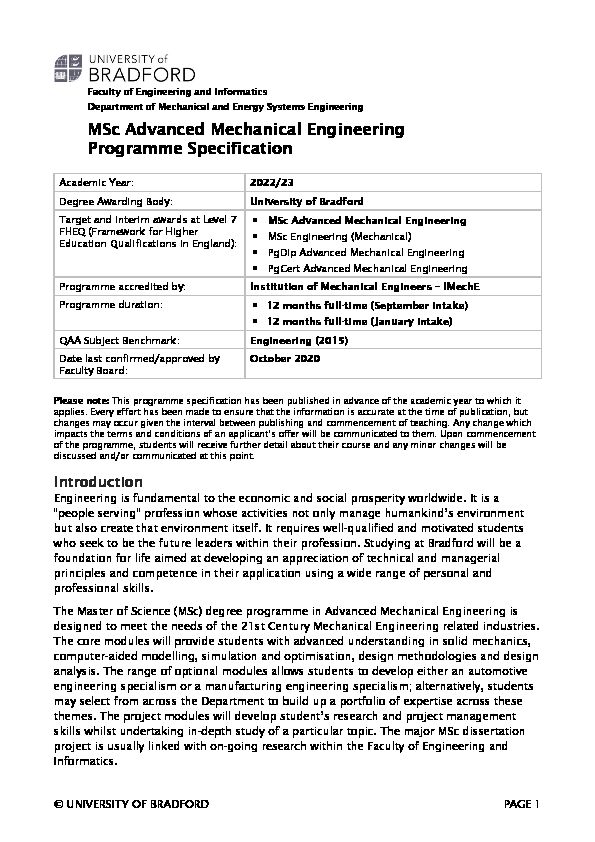[PDF] MSc Advanced Mechanical Engineering Programme Specification