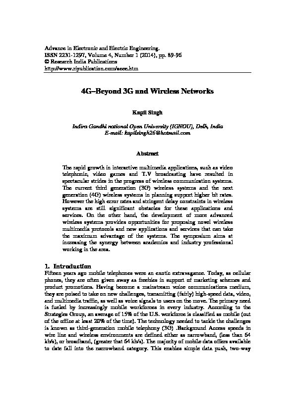 [PDF] 4G–Beyond 3G and Wireless Networks - Research India Publications