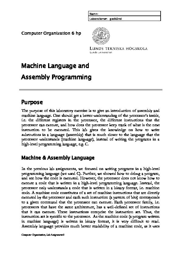 [PDF] Machine Language and Assembly Programming - LTH/EIT