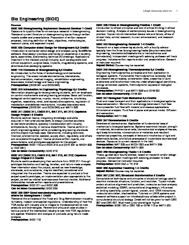 [PDF] Bio Engineering (BIOE) - Lehigh Catalog - Lehigh University