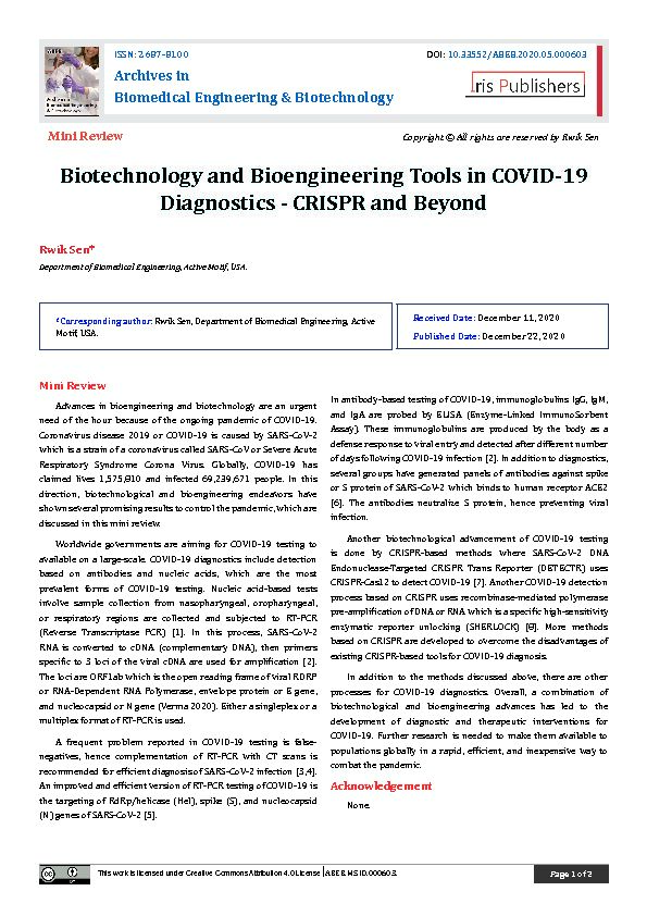 [PDF] Biotechnology and Bioengineering Tools in COVID-19 Diagnostics