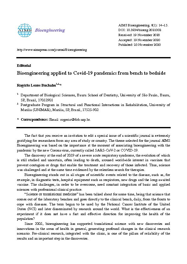 [PDF] Bioengineering applied to Covid-19 pandemic: from bench to bedside
