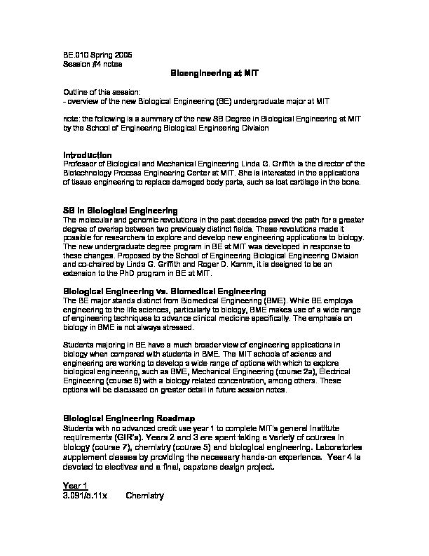 [PDF] Bioengineering at MIT Introduction SB in Biological Engineering