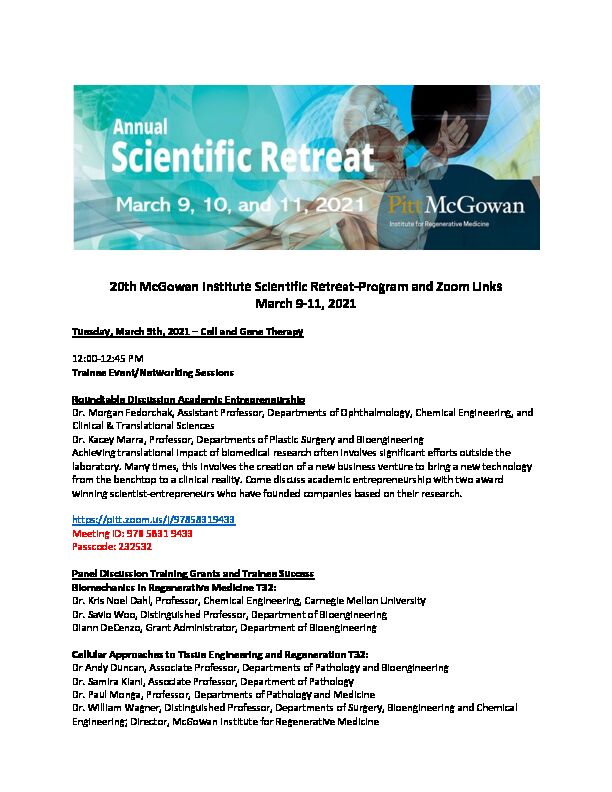 [PDF] 20th McGowan Institute Scientific Retreat-Program and Zoom Links