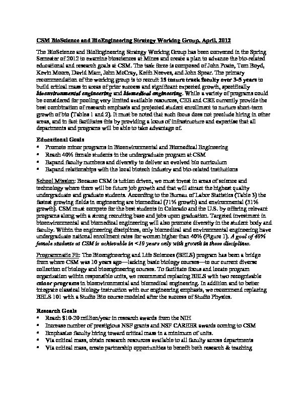 [PDF] CSM BioScience and BioEngineering Strategy Working Group, April