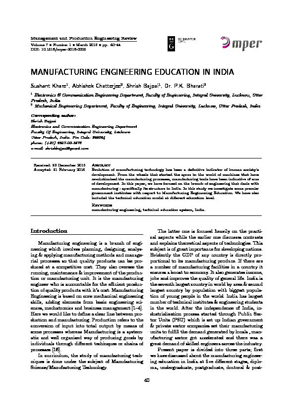 MANUFACTURING ENGINEERING EDUCATION IN INDIA