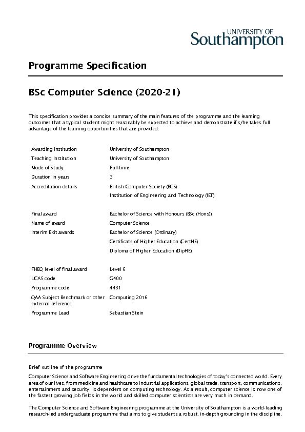 Programme Specification BSc Computer Science (2020-21)