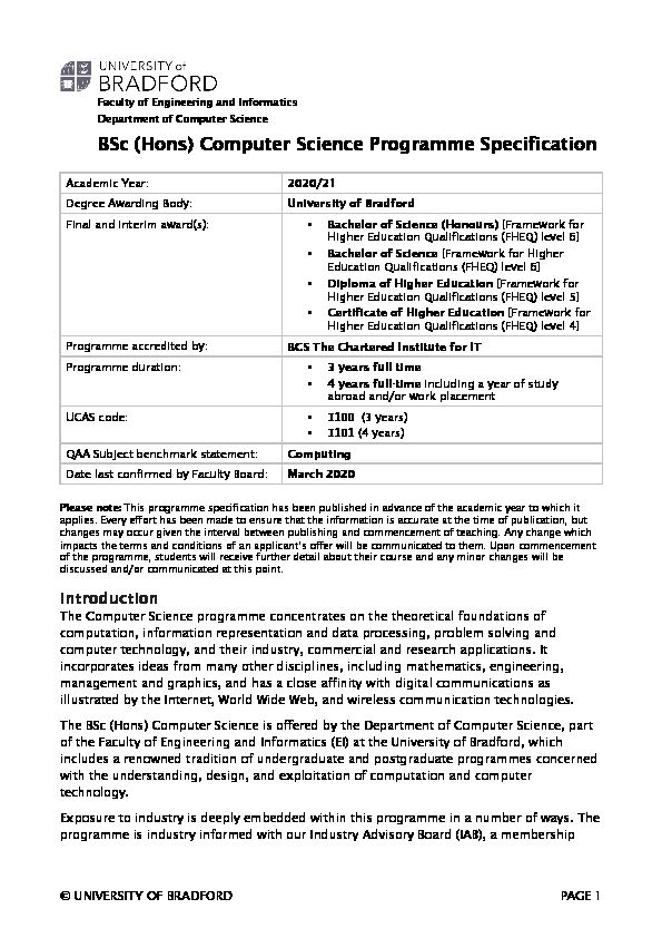 BSc Computer Science 2020-2021 Specification