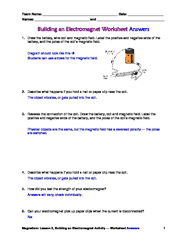 Building an Electromagnet Worksheet Answers - Teach Engineering