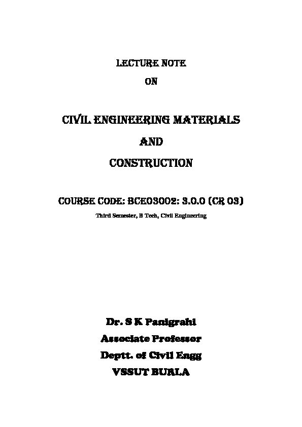 CIVIL ENGINEERING MATERIALS and CONSTRUCTION - VSSUT