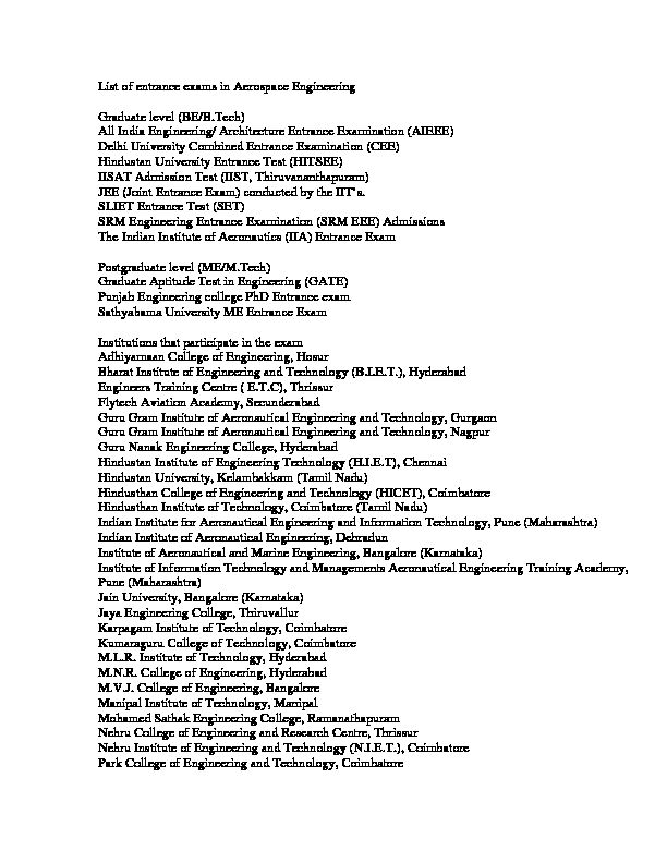 [PDF] List of entrance exams in Aerospace Engineering Graduate level