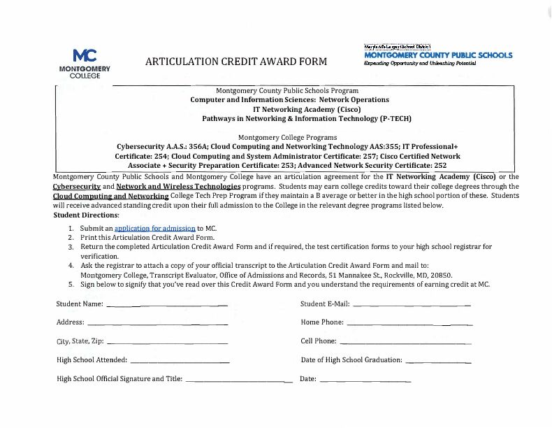 Articulation Credit Award Form - Montgomery College