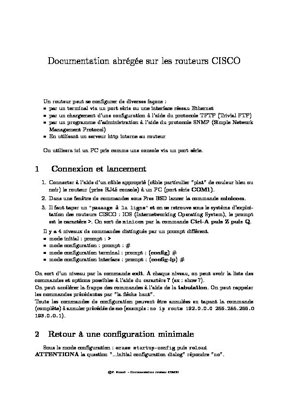 Documentation abrégée sur les routeurs CISCO