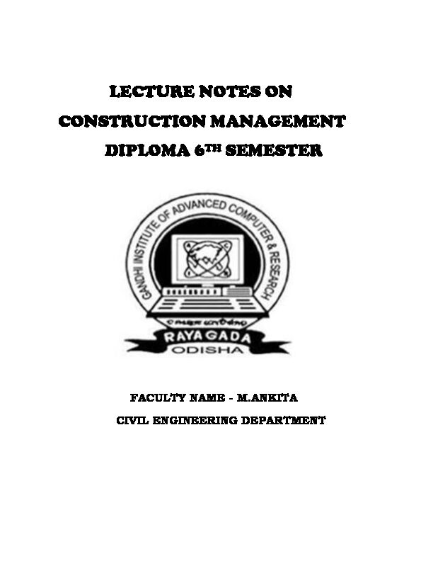 LECTURE NOTES ON CONSTRUCTION MANAGEMENT DIPLOMA